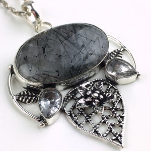 New Rutilated Black Quartz Crystal Stone Silver Overlay Pendant Necklace